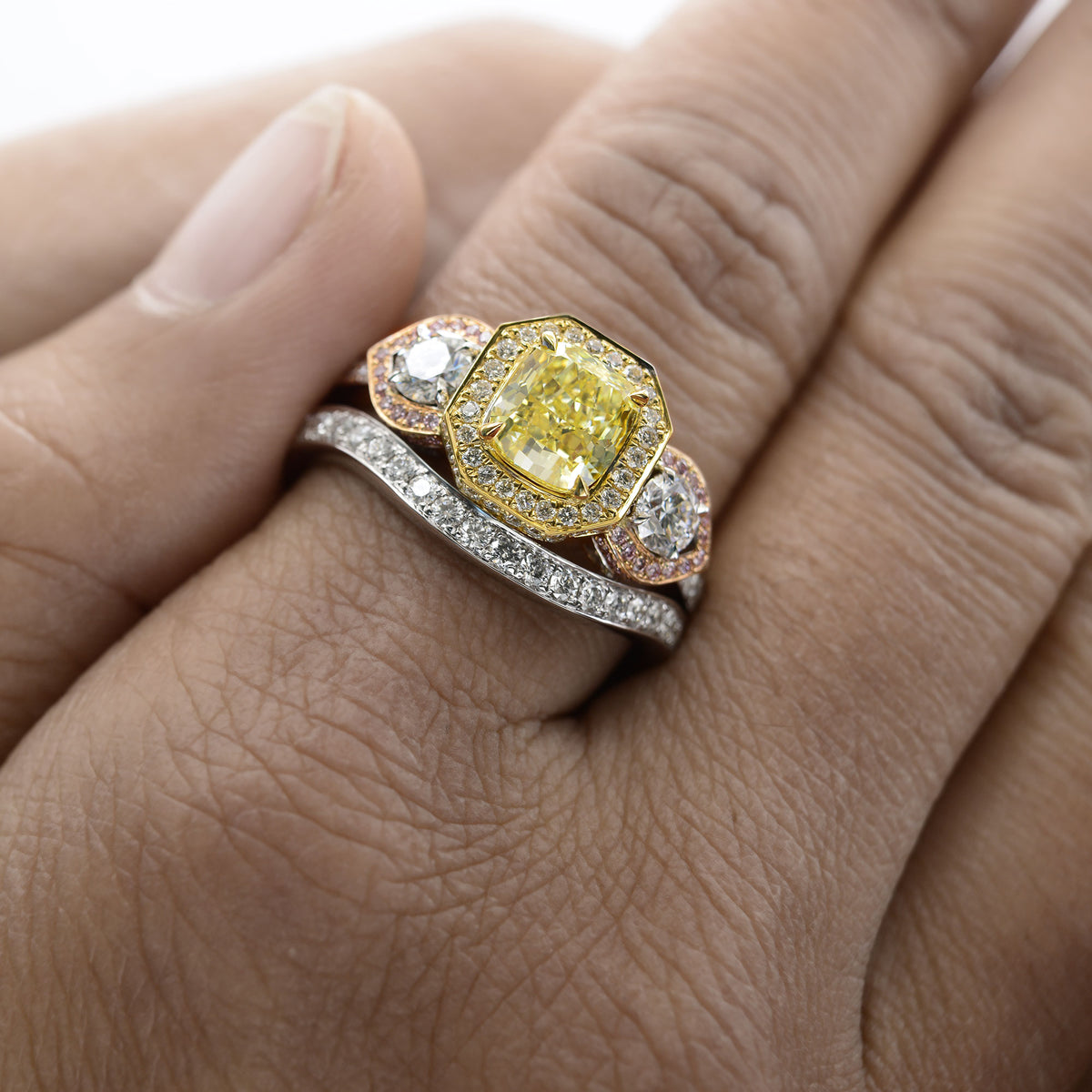 Custom-made Fancy Intense Yellow, Pink & White Diamond Ring