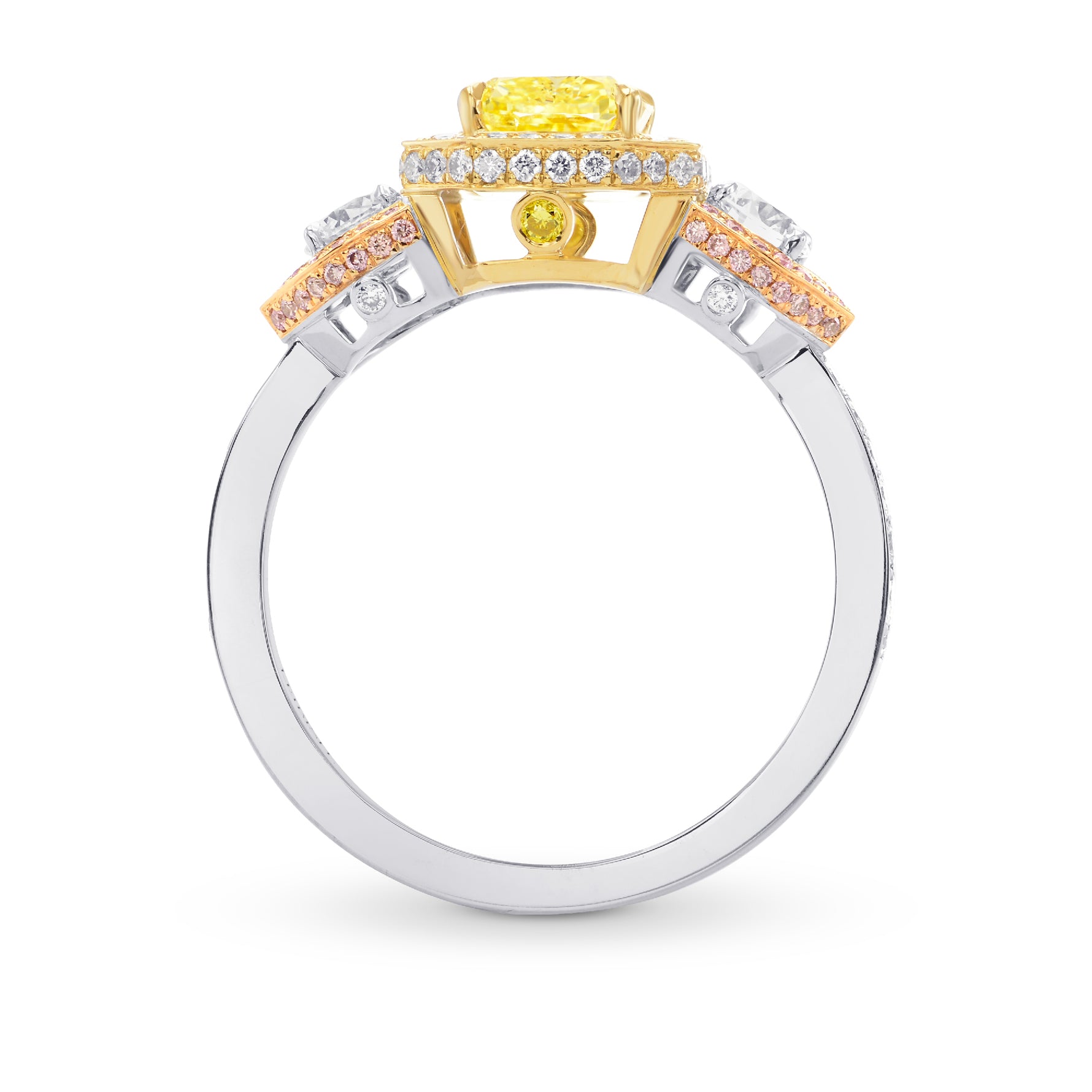 Custom-made Fancy Intense Yellow, Pink & White Diamond Ring