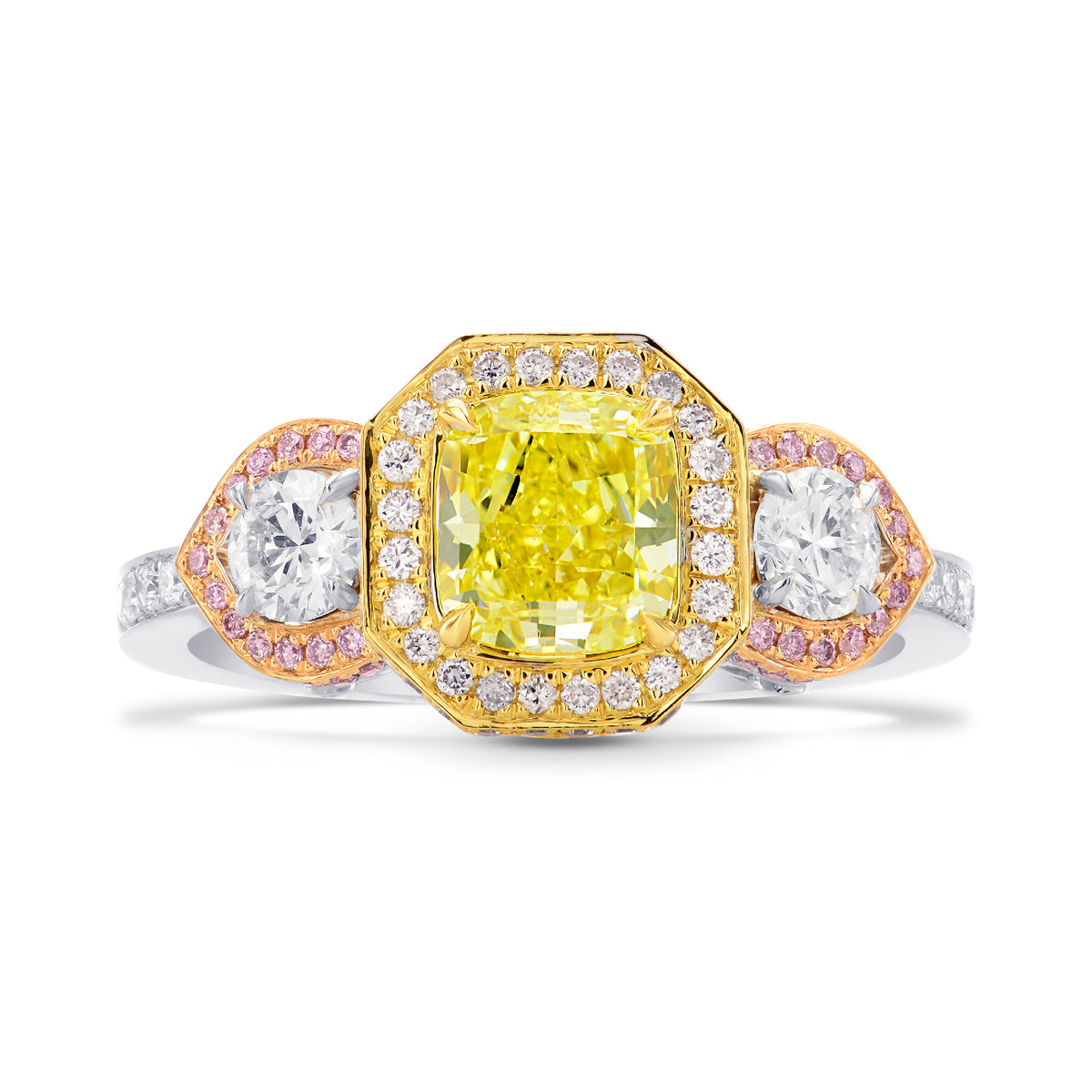 Custom-made Fancy Intense Yellow, Pink & White Diamond Ring