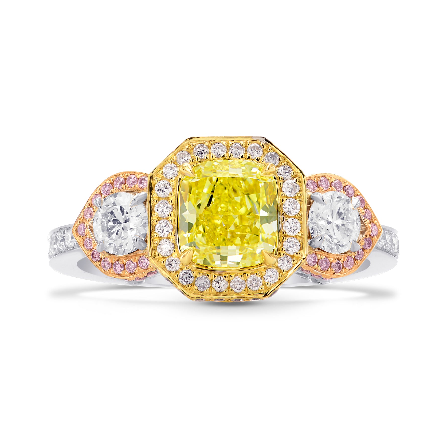 Custom-made Fancy Intense Yellow, Pink & White Diamond Ring
