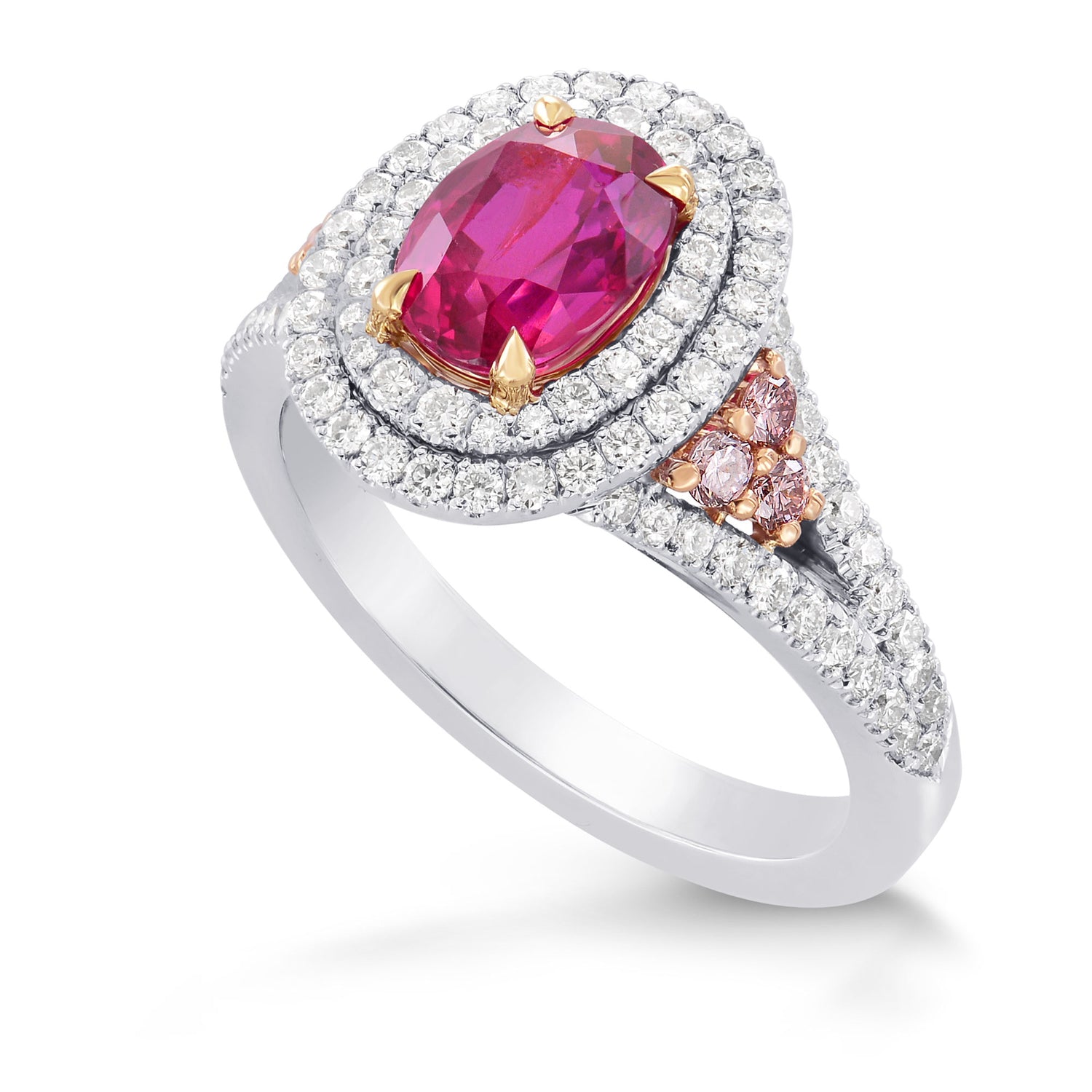 Unheated Ruby & Pink Diamond Double Halo Ring