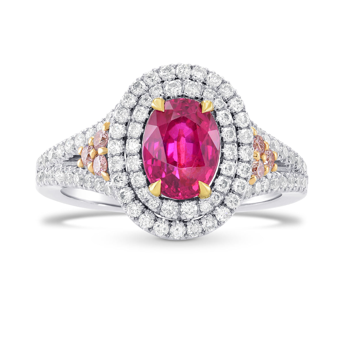 Unheated Ruby & Pink Diamond Double Halo Ring