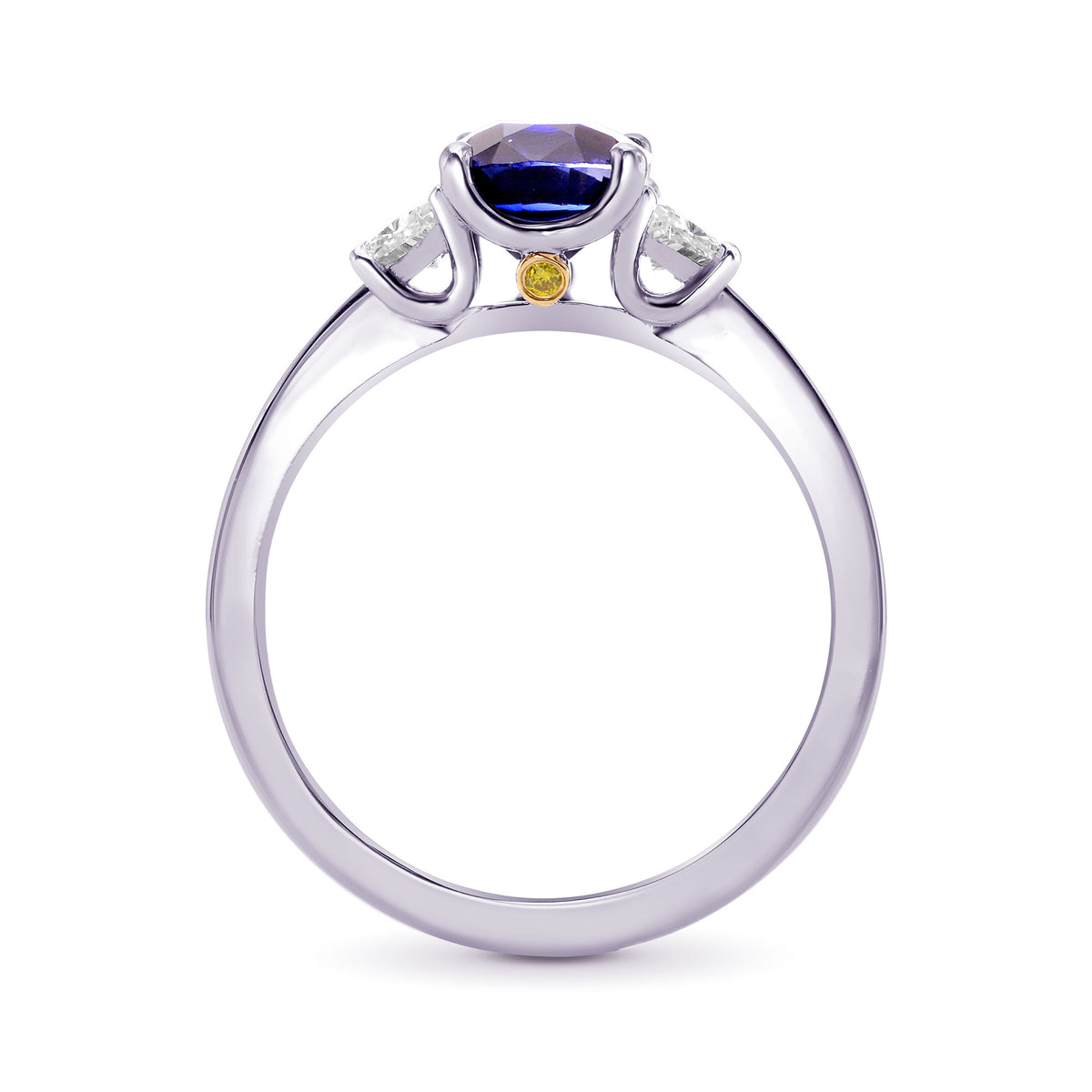 Unheated Blue Sapphire Cushion & Trapezoid Diamond 3 stone Ring with Yellow Diamond Accent