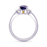 Unheated Blue Sapphire Cushion & Trapezoid Diamond 3 stone Ring with Yellow Diamond Accent