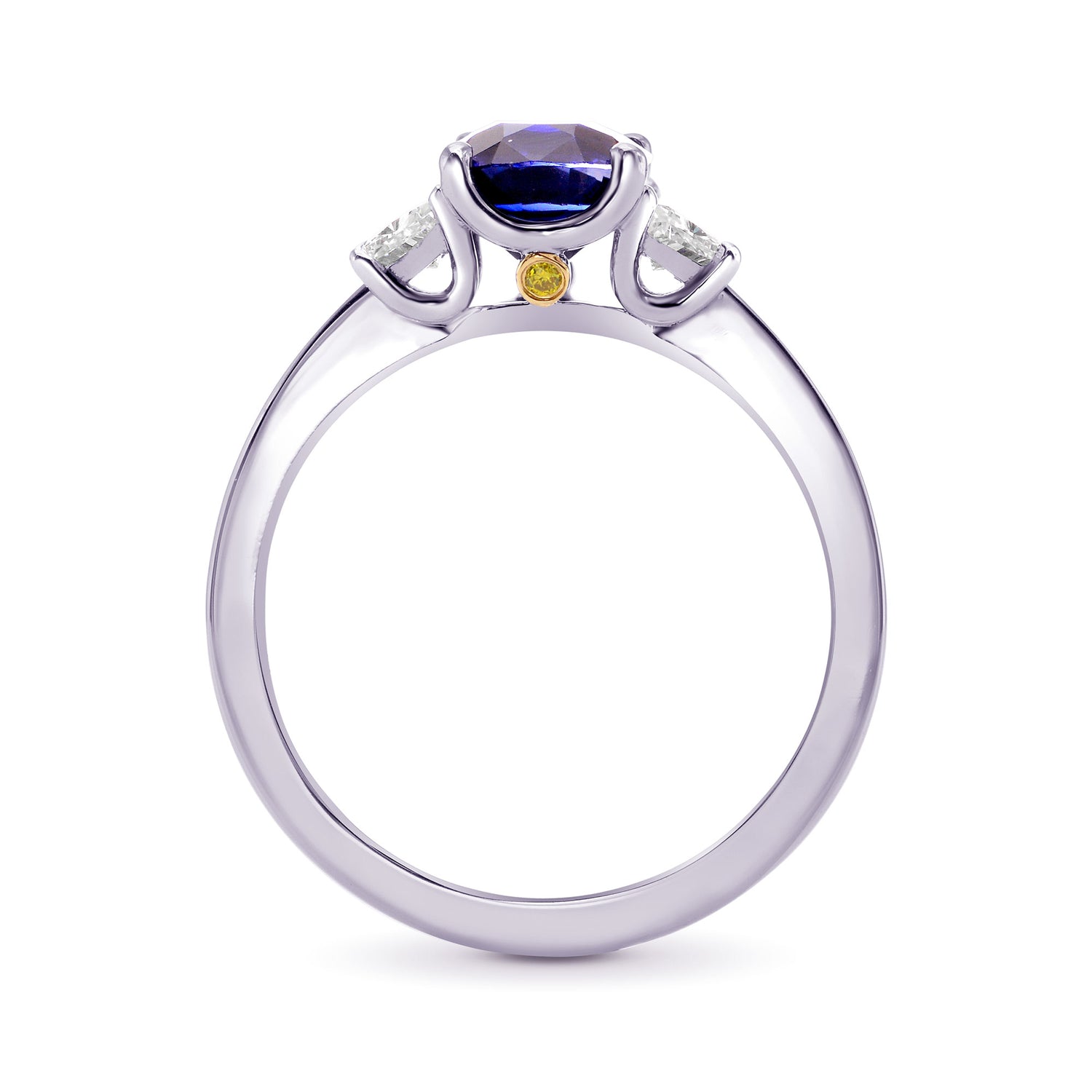 Unheated Blue Sapphire Cushion & Trapezoid Diamond 3 stone Ring with Yellow Diamond Accent