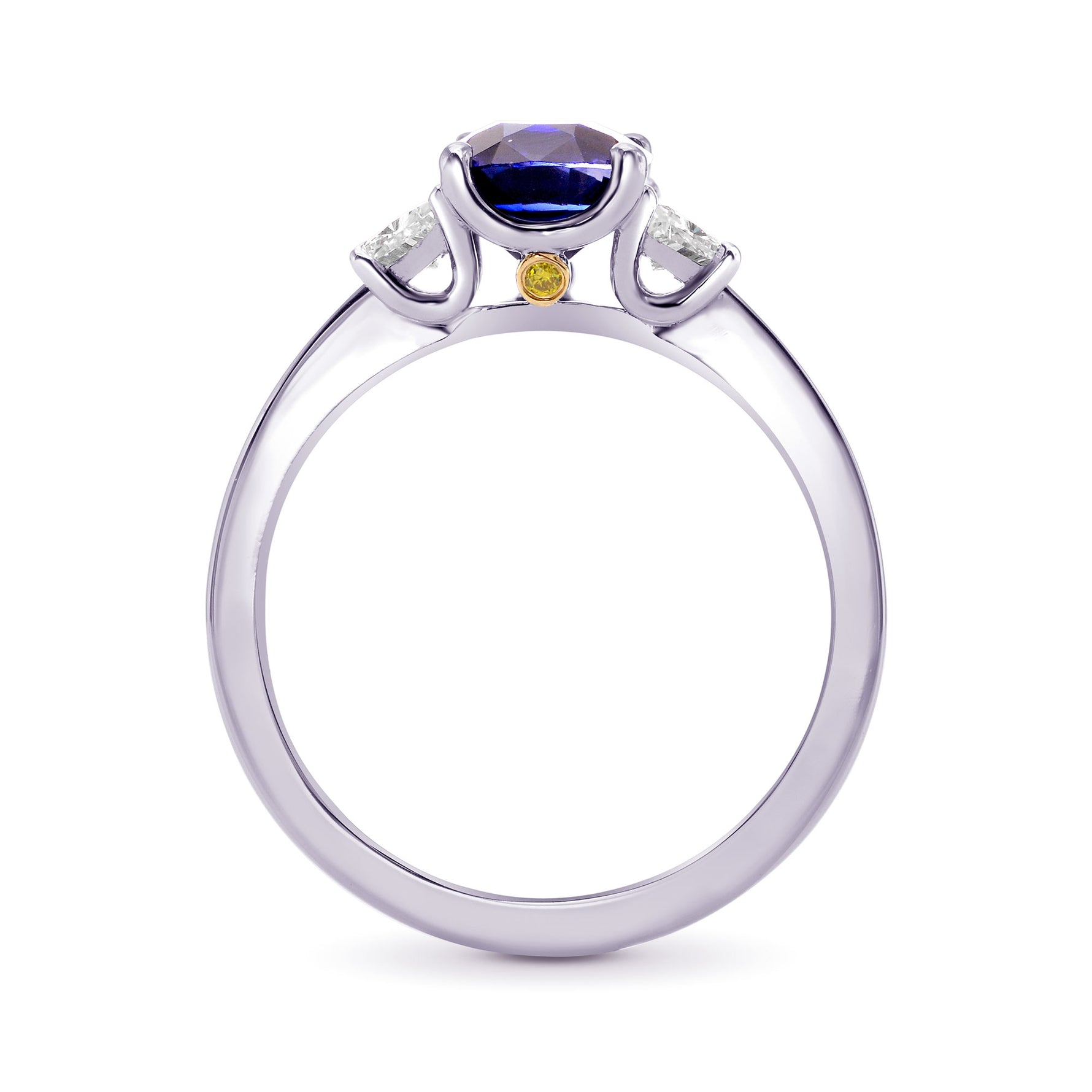 Unheated Blue Sapphire Cushion & Trapezoid Diamond 3 stone Ring with Yellow Diamond Accent