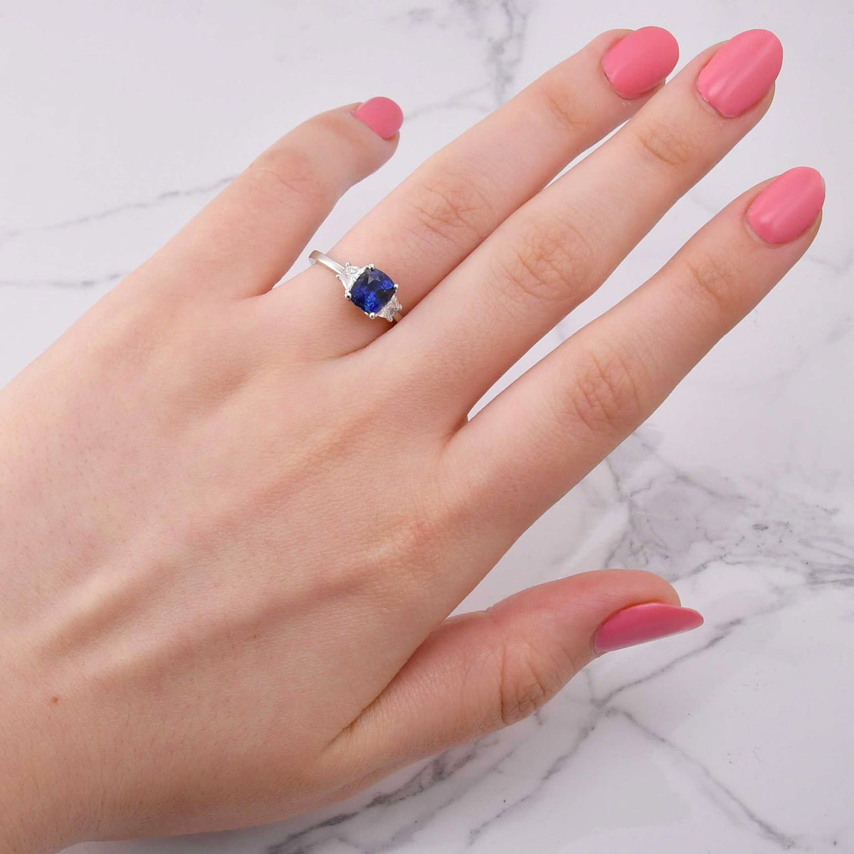 Unheated Blue Sapphire Cushion & Trapezoid Diamond 3 stone Ring with Yellow Diamond Accent