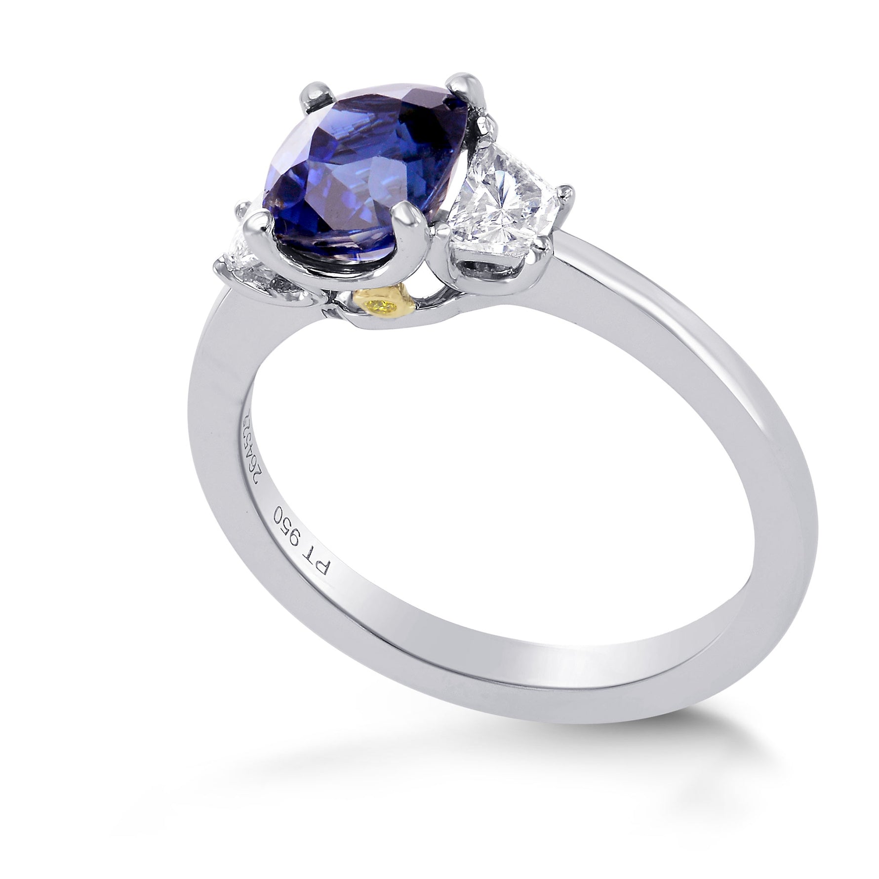 Unheated Blue Sapphire Cushion & Trapezoid Diamond 3 stone Ring with Yellow Diamond Accent