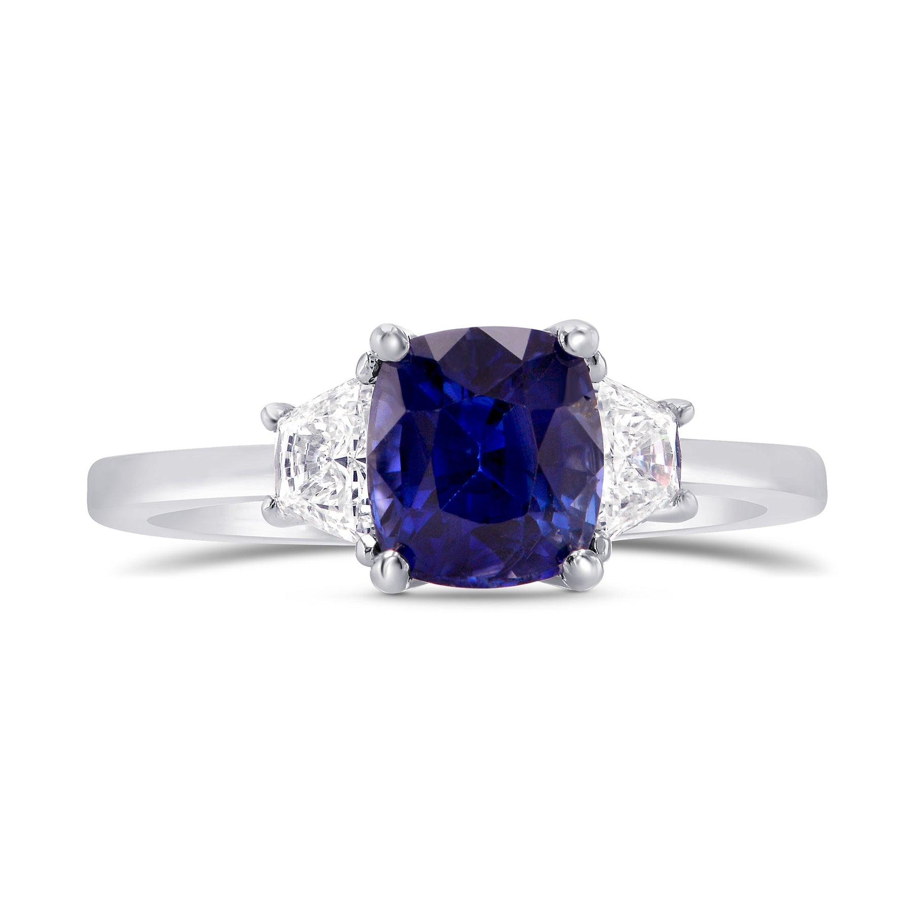 Unheated Blue Sapphire Cushion & Trapezoid Diamond 3 stone Ring with Yellow Diamond Accent