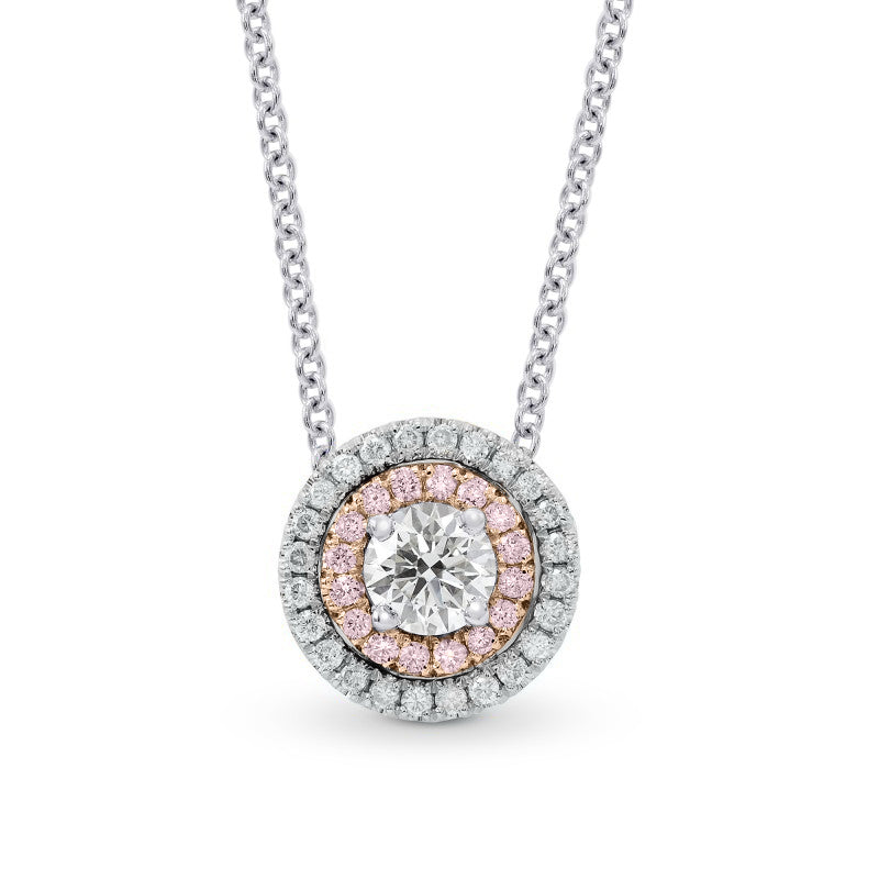 White Pink & White Diamond Round Double Halo Pendant