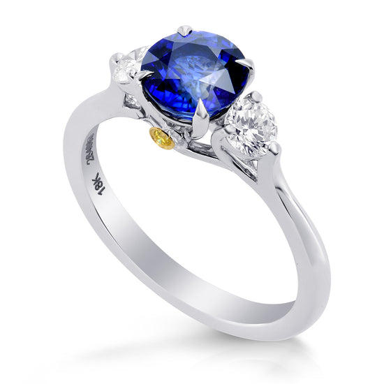 Sapphire & Diamond 3 Stone Engagement Ring with Yellow Diamond Accent