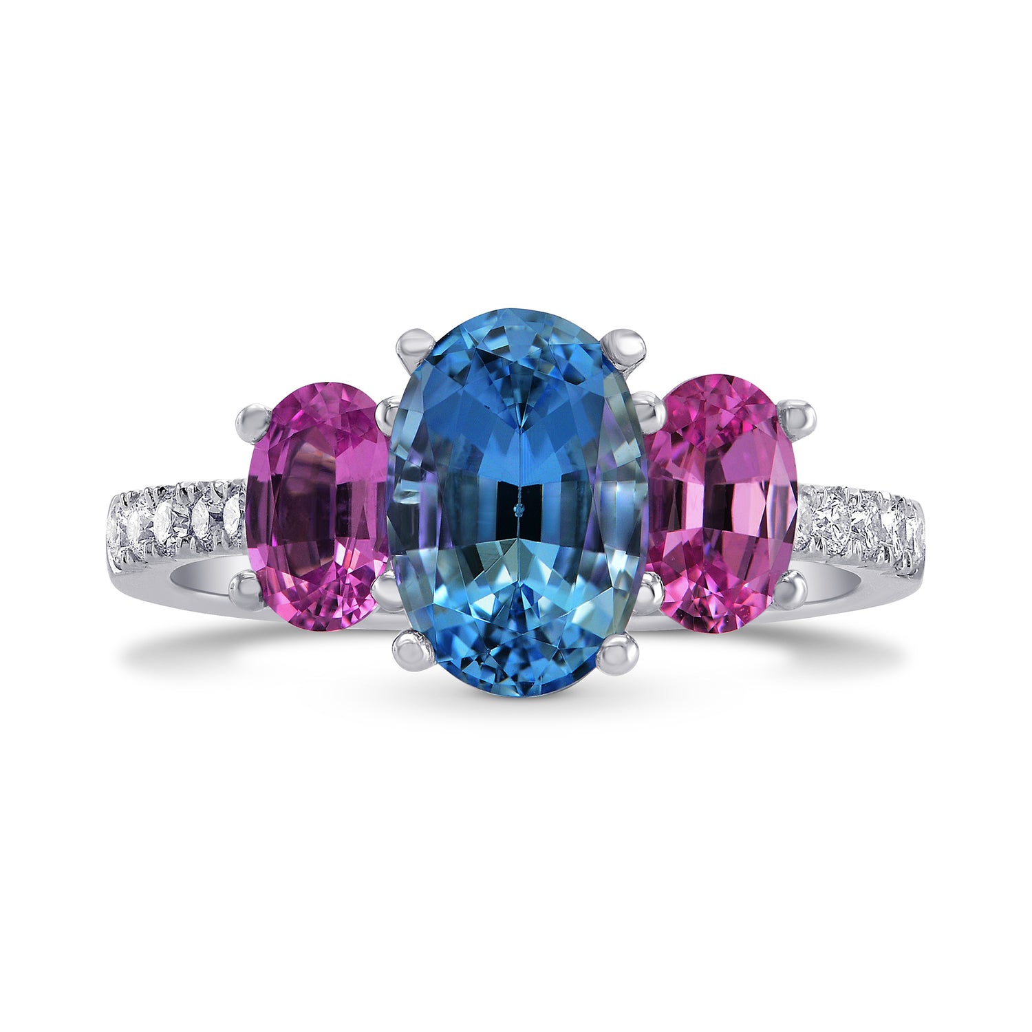 Blue Aquamarine & Pink Sapphire Oval 3 Stone Diamond Ring