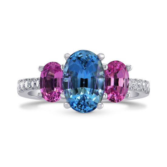 Blue Aquamarine & Pink Sapphire Oval 3 Stone Diamond Ring