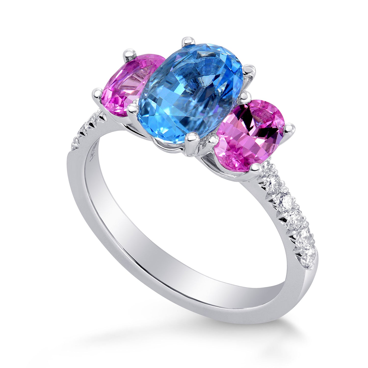 Blue Aquamarine & Pink Sapphire Oval 3 Stone Diamond Ring