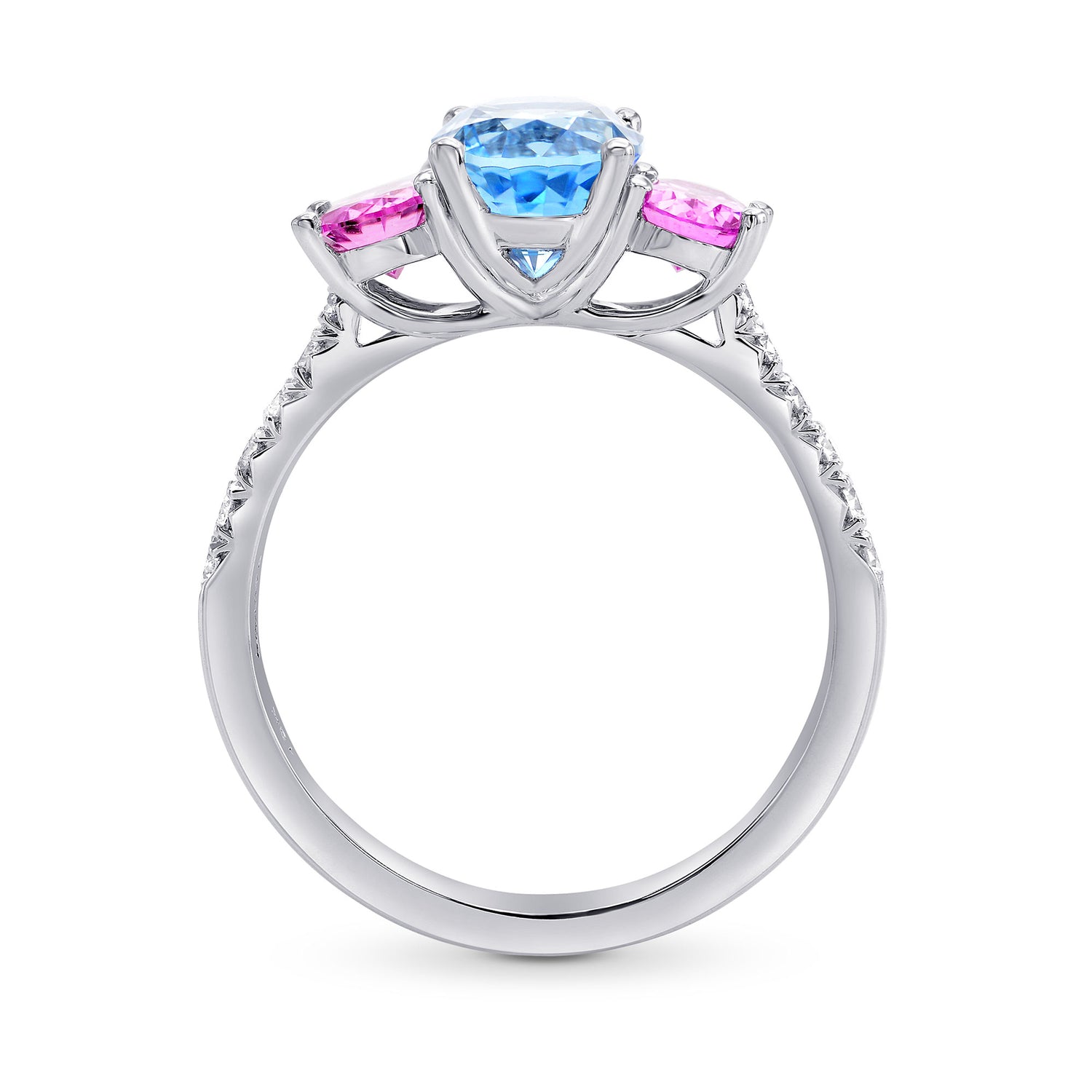 Blue Aquamarine & Pink Sapphire Oval 3 Stone Diamond Ring