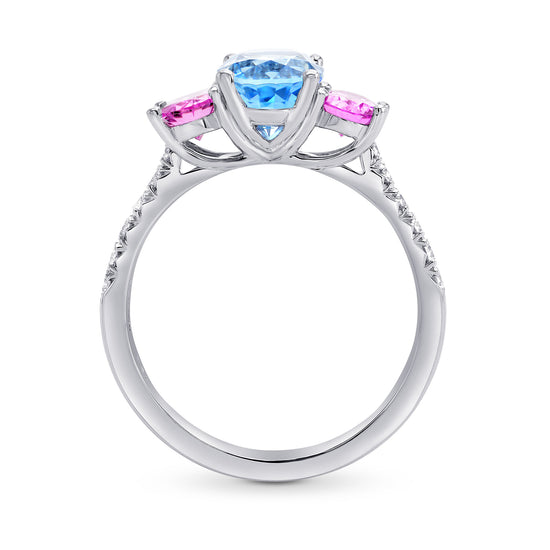 Blue Aquamarine & Pink Sapphire Oval 3 Stone Diamond Ring