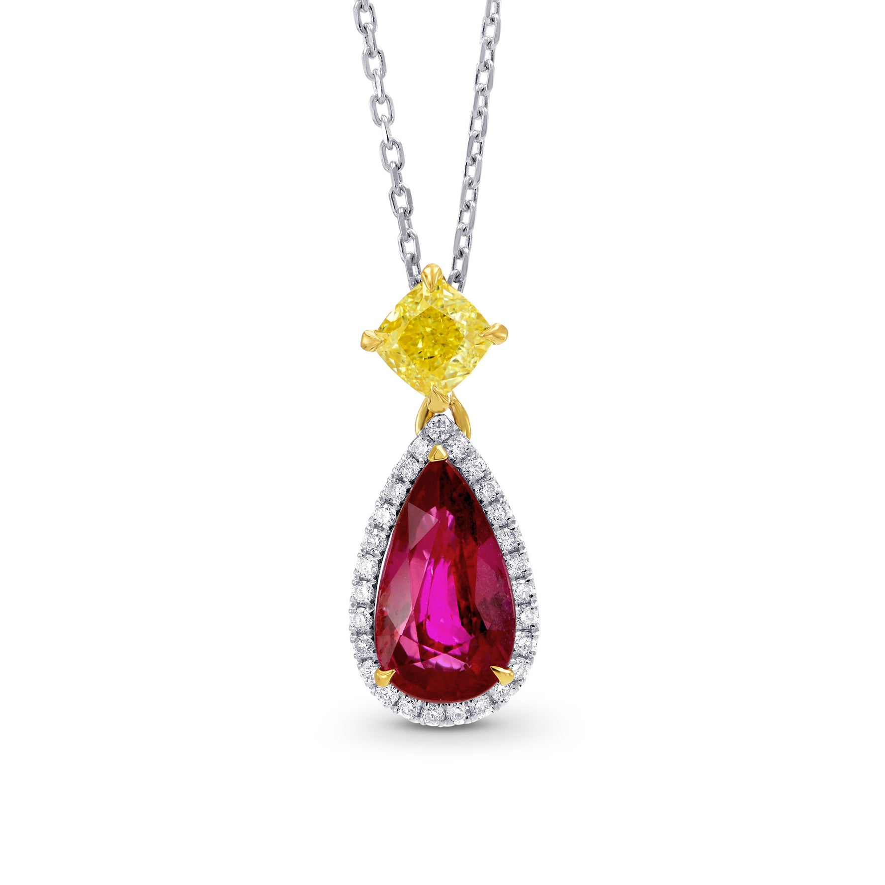 Pear Ruby (Unheated) & Yellow & White Diamond Halo Pendant