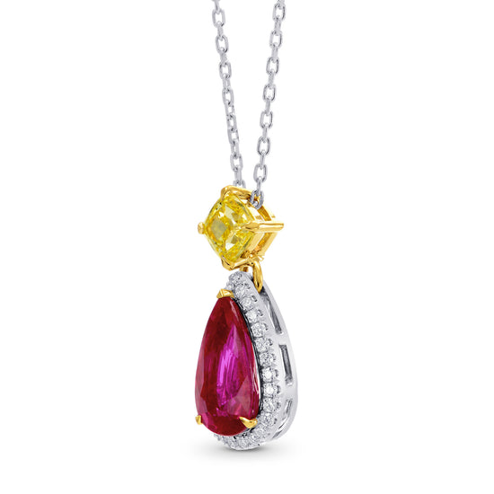 Pear Ruby (Unheated) & Yellow & White Diamond Halo Pendant