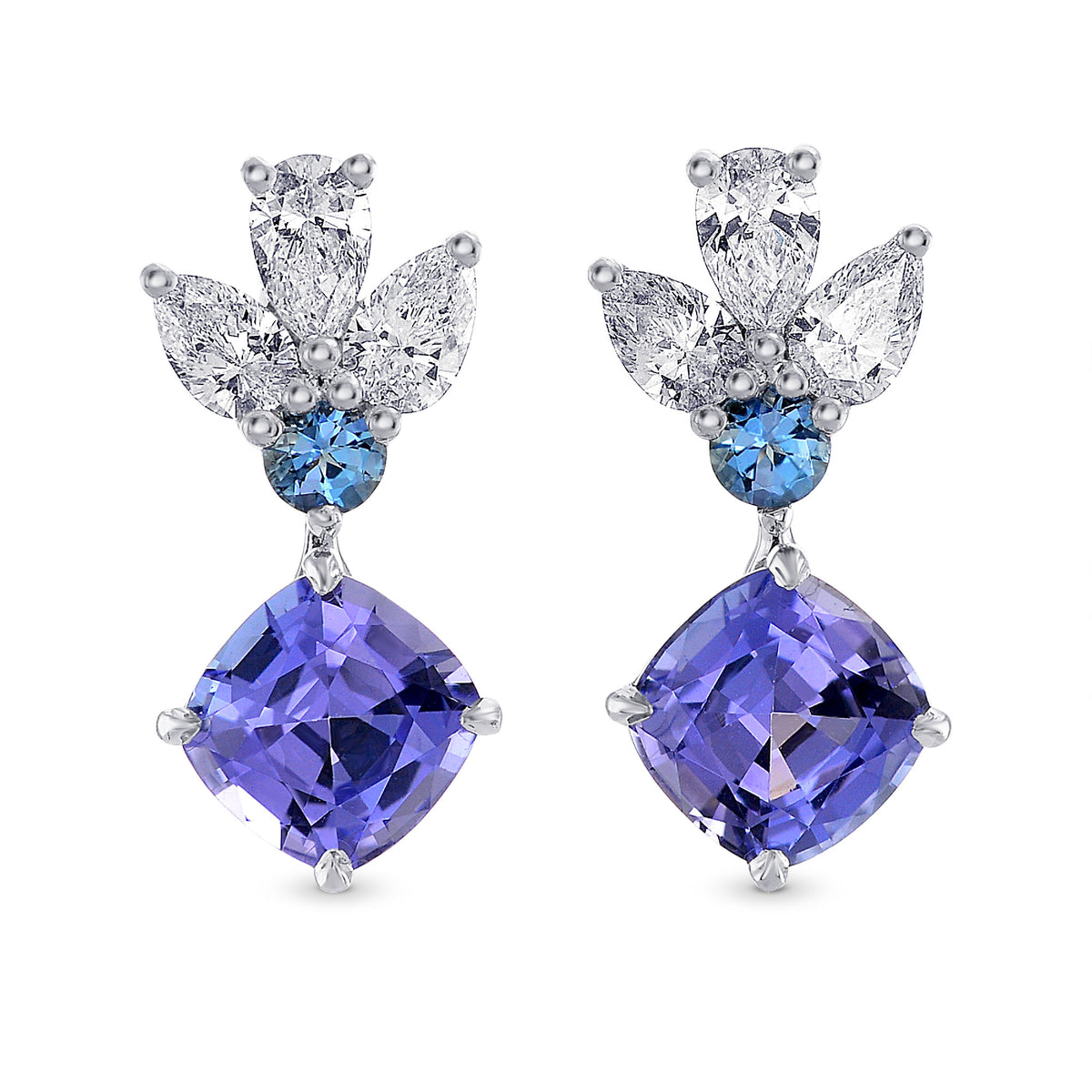 Tanzanite Cushion, Aquamarine & Diamond Drop Earrings