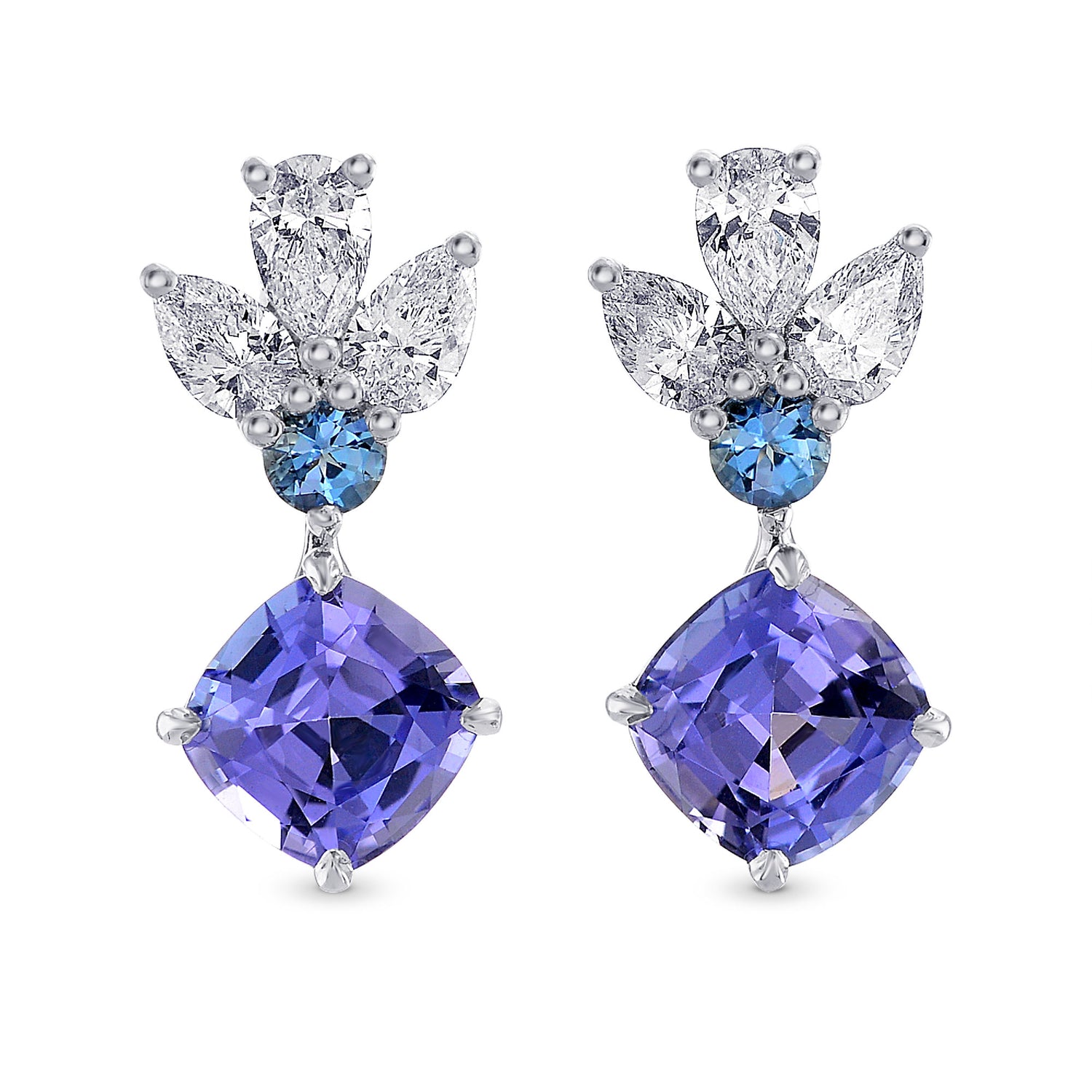 Tanzanite Cushion, Aquamarine & Diamond Drop Earrings
