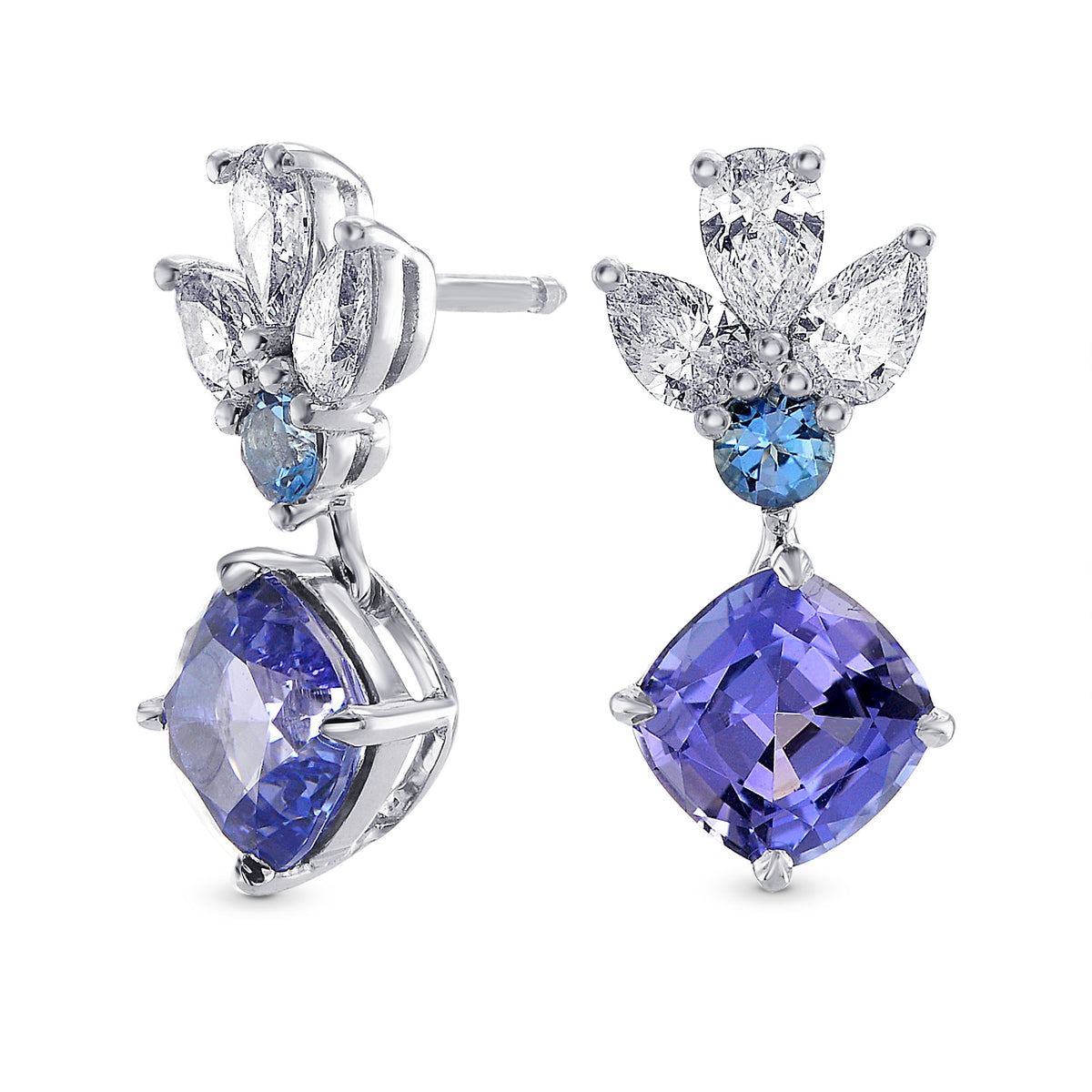 Tanzanite Cushion, Aquamarine & Diamond Drop Earrings