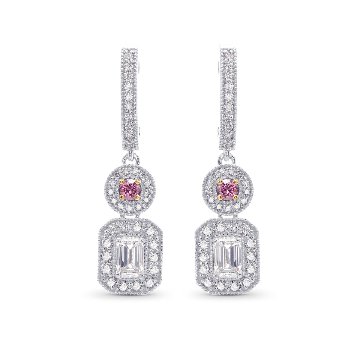 Round Fancy Vivid Pink & Emerald-cut Diamond Earrings