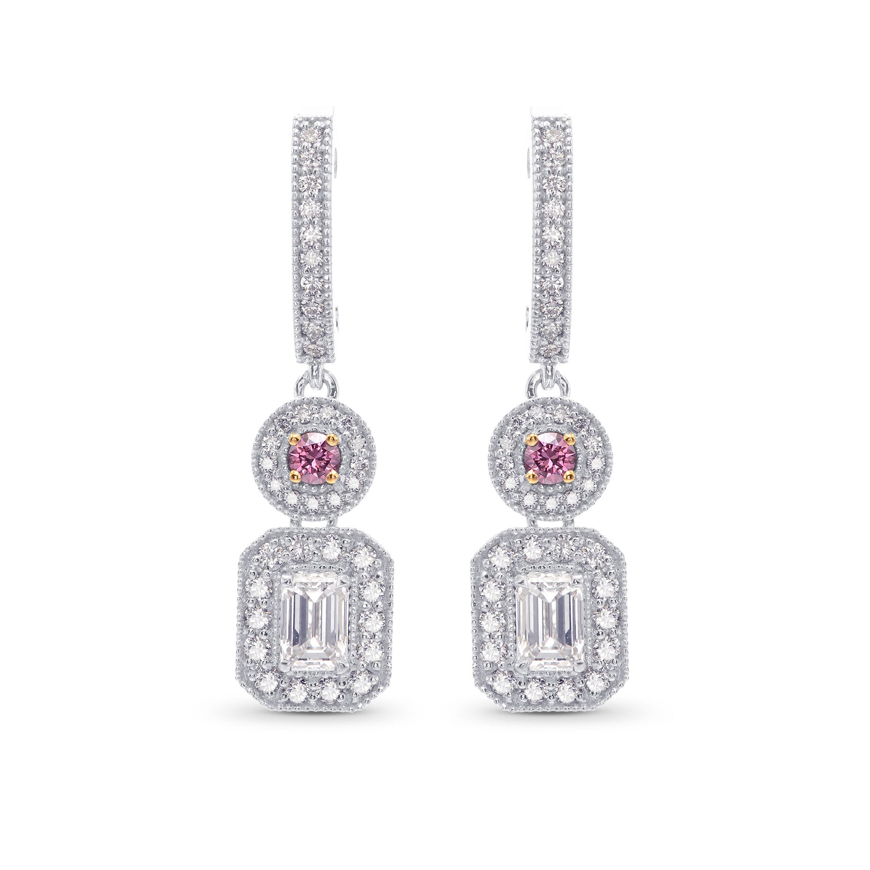 Round Fancy Vivid Pink & Emerald-cut Diamond Earrings