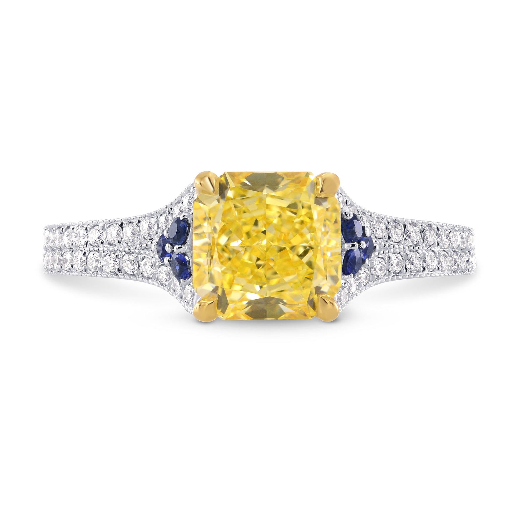 Fancy Yellow Radiant Diamond Ring with Sapphire Accents