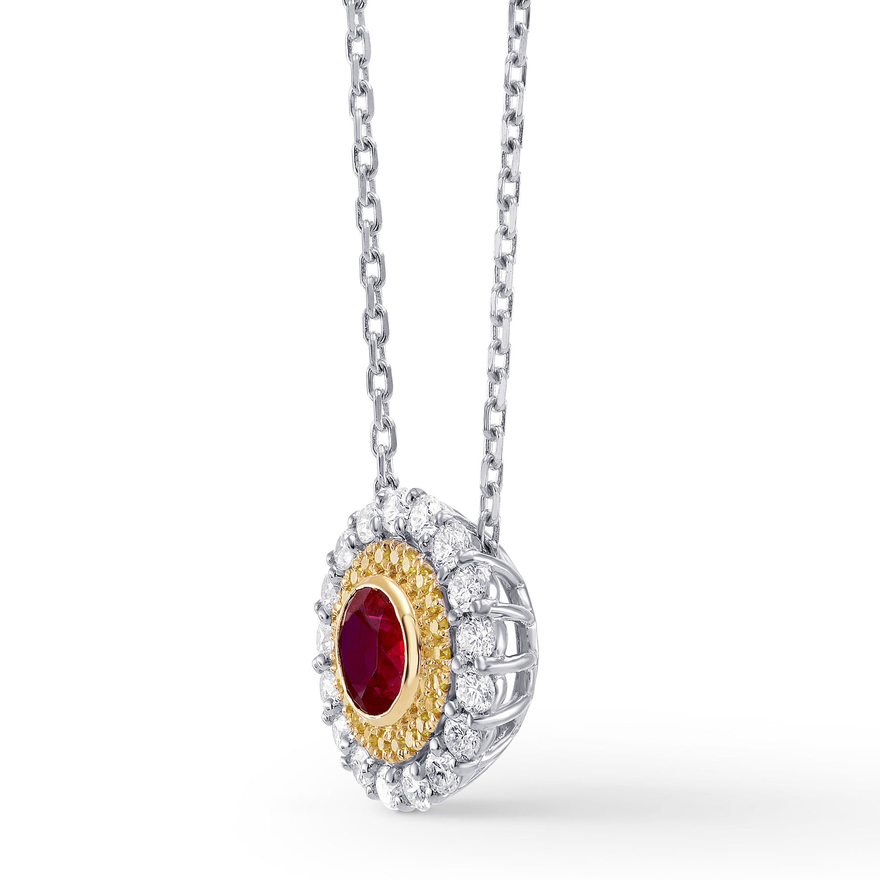 Ruby and Fancy Intense Yellow Double Halo Pendant
