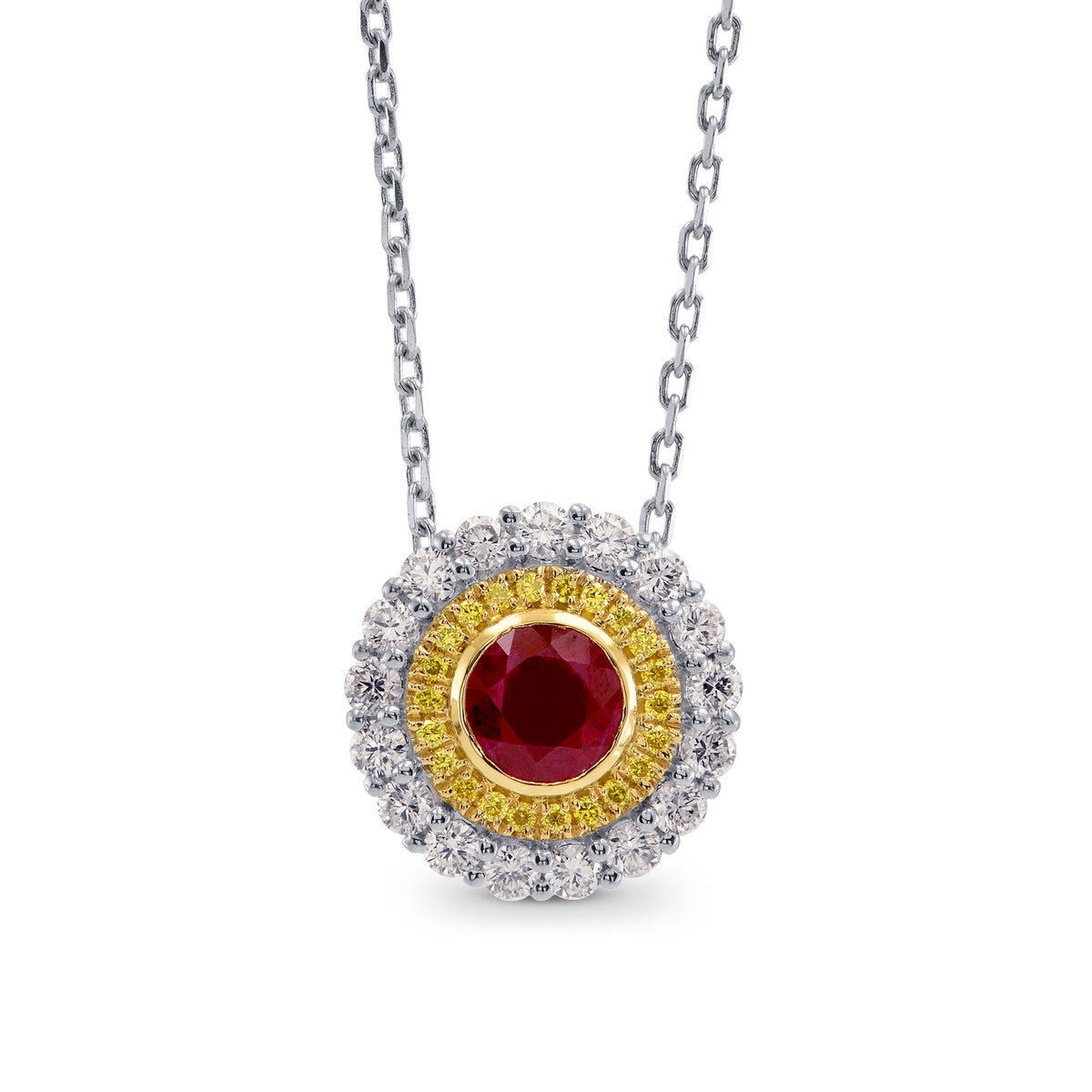 Ruby and Fancy Intense Yellow Double Halo Pendant
