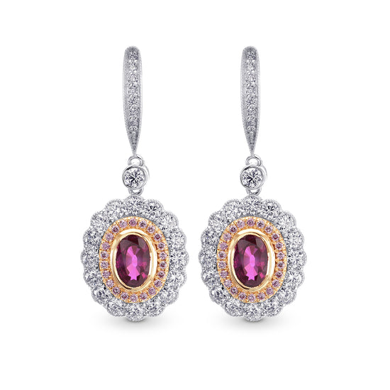 Oval Ruby & Pink Diamond Drop Halo Earrings
