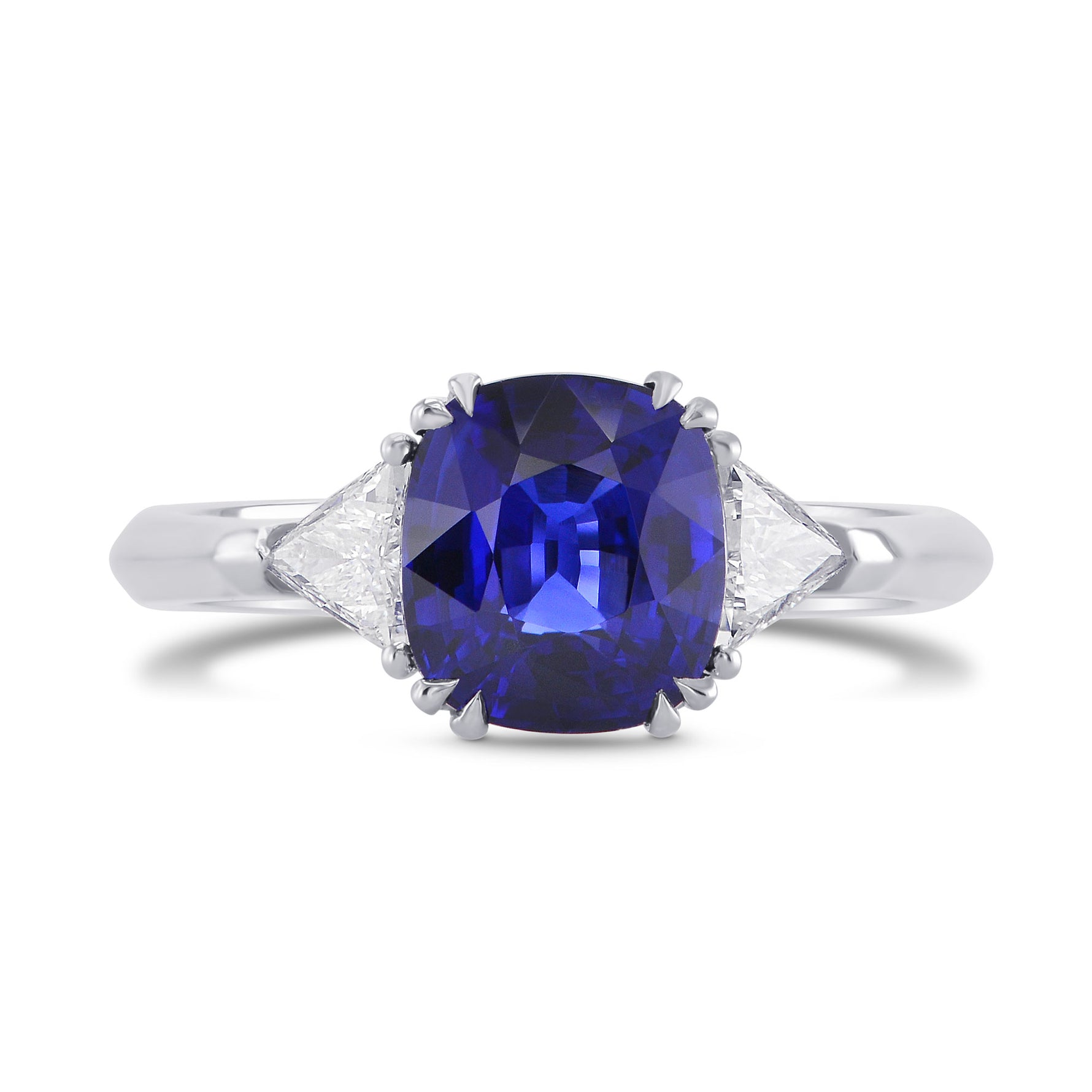 Cushion Blue Sapphire & Collection Triangle 3 stone Diamond Ring