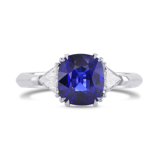 Cushion Blue Sapphire & Collection Triangle 3 stone Diamond Ring