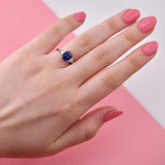 Cushion Blue Sapphire & Collection Triangle 3 stone Diamond Ring
