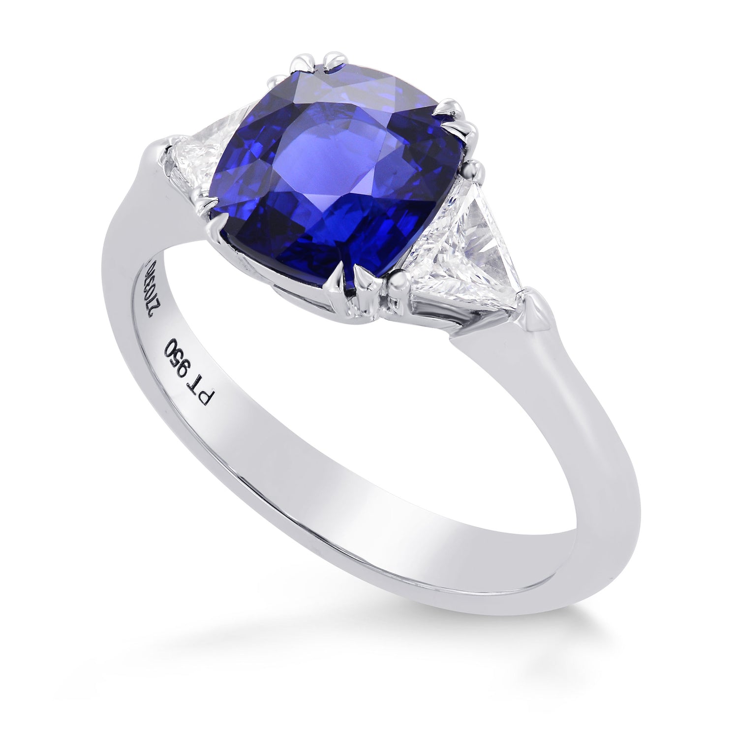Cushion Blue Sapphire & Collection Triangle 3 stone Diamond Ring