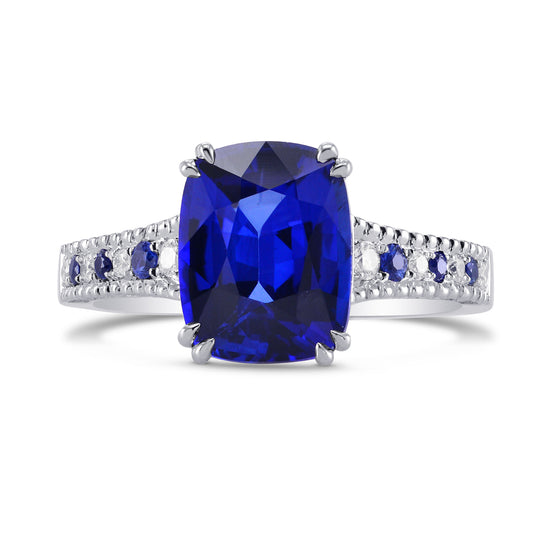Vivid Blue Cushion Sapphire & Diamond Side stone Ring