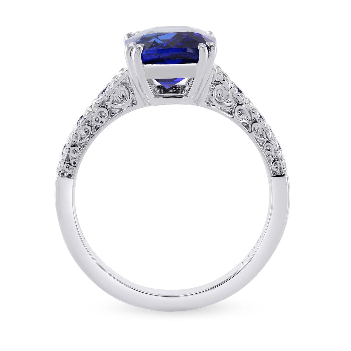 Vivid Blue Cushion Sapphire & Diamond Side stone Ring