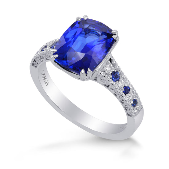 Vivid Blue Cushion Sapphire & Diamond Side stone Ring