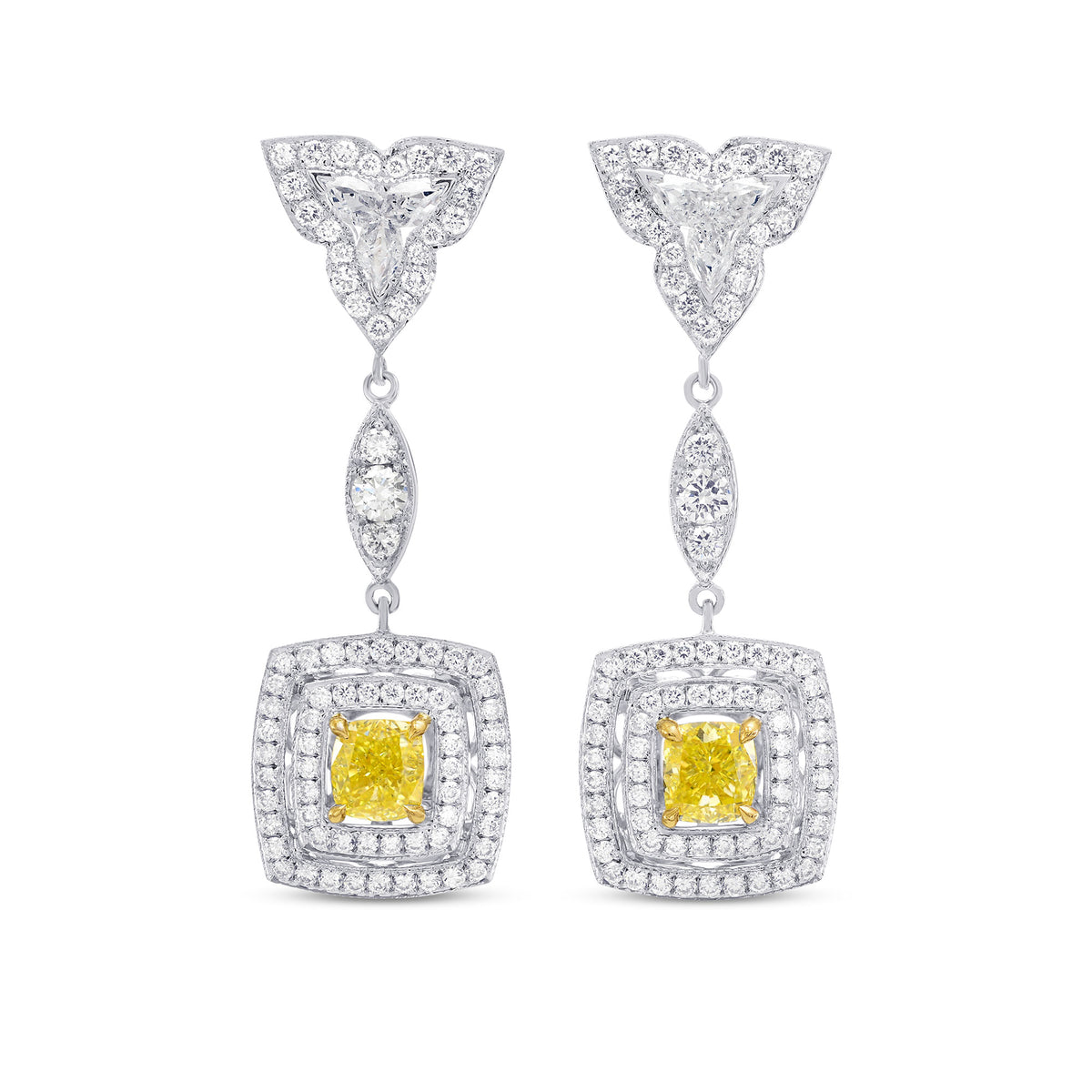 Fancy Yellow Cushion Diamond Halo Drop Earrings
