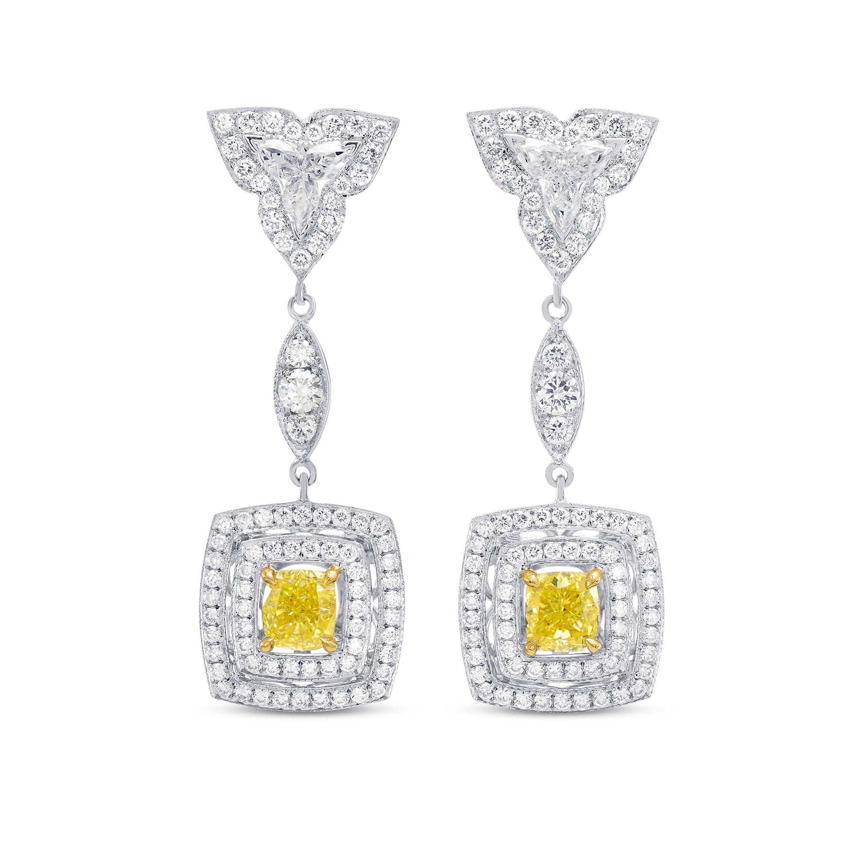 Fancy Yellow Cushion Diamond Halo Drop Earrings