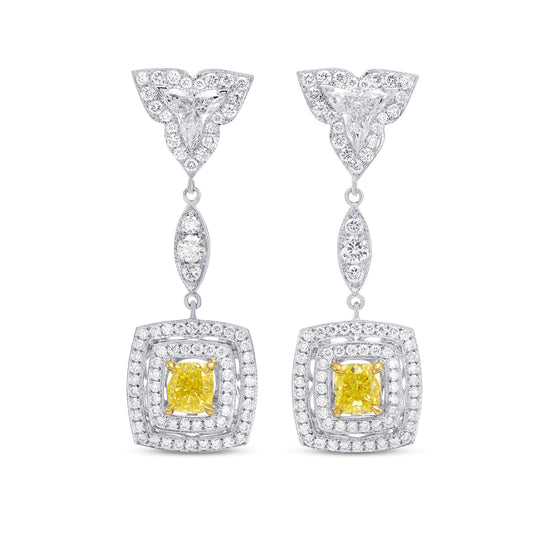 Fancy Yellow Cushion Diamond Halo Drop Earrings