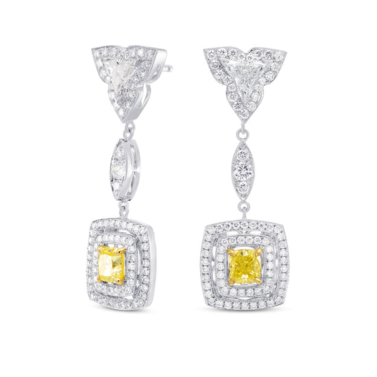 Fancy Yellow Cushion Diamond Halo Drop Earrings