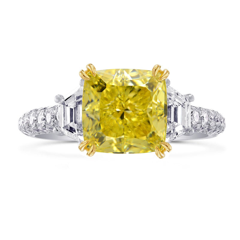 Fancy Vivid Yellow Cushion & Step-cut Diamond Ring