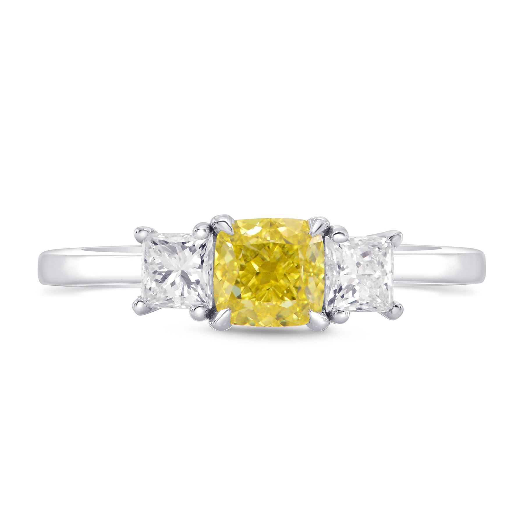 Fancy Intense Yellow Cushion & Princess Diamond 3 Stone Ring