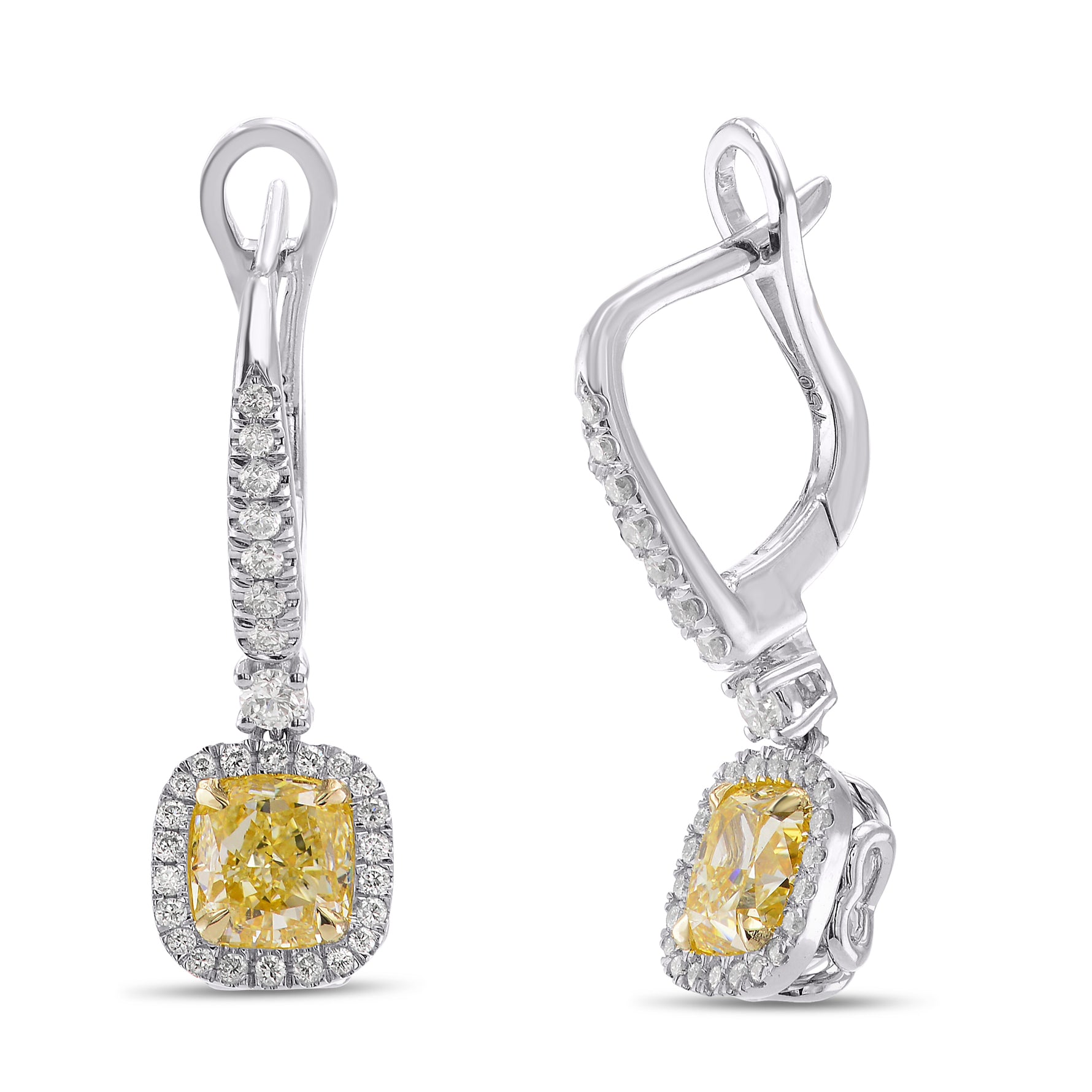 Yellow Diamond Cushion Drop Halo Earrings