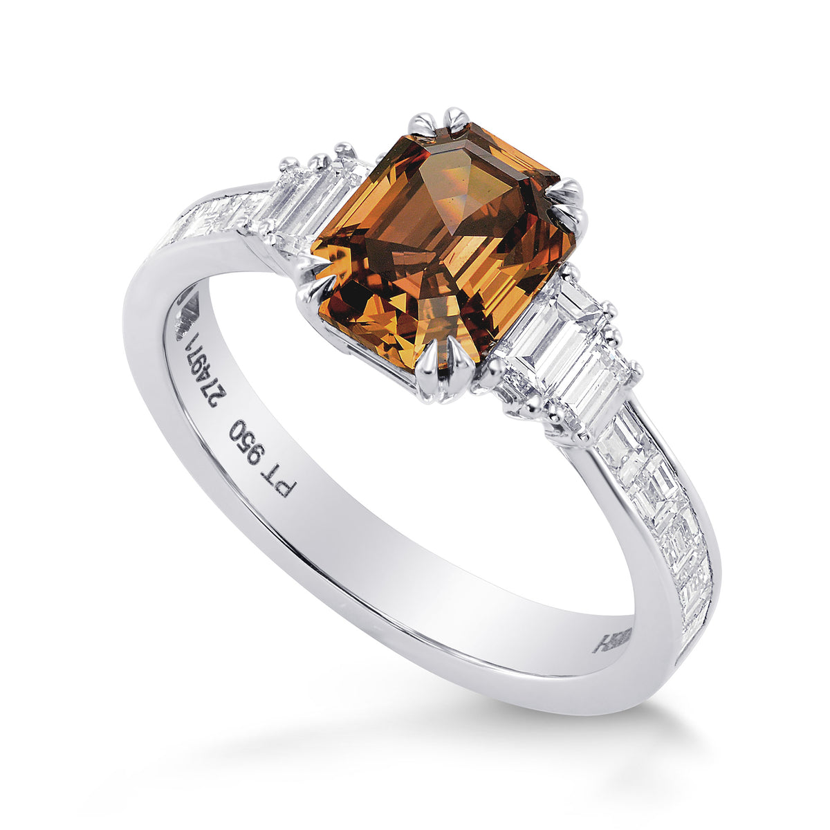   Fancy Deep Brown-Orange Emerald & Baguette Diamond Side Stones Ring
