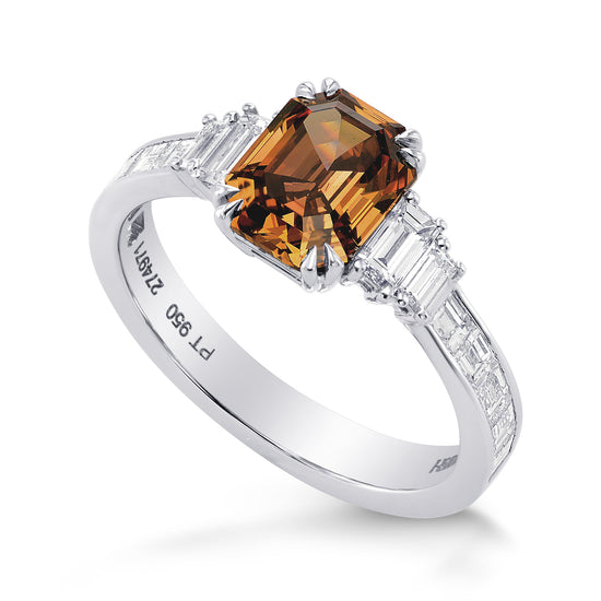   Fancy Deep Brown-Orange Emerald & Baguette Diamond Side Stones Ring