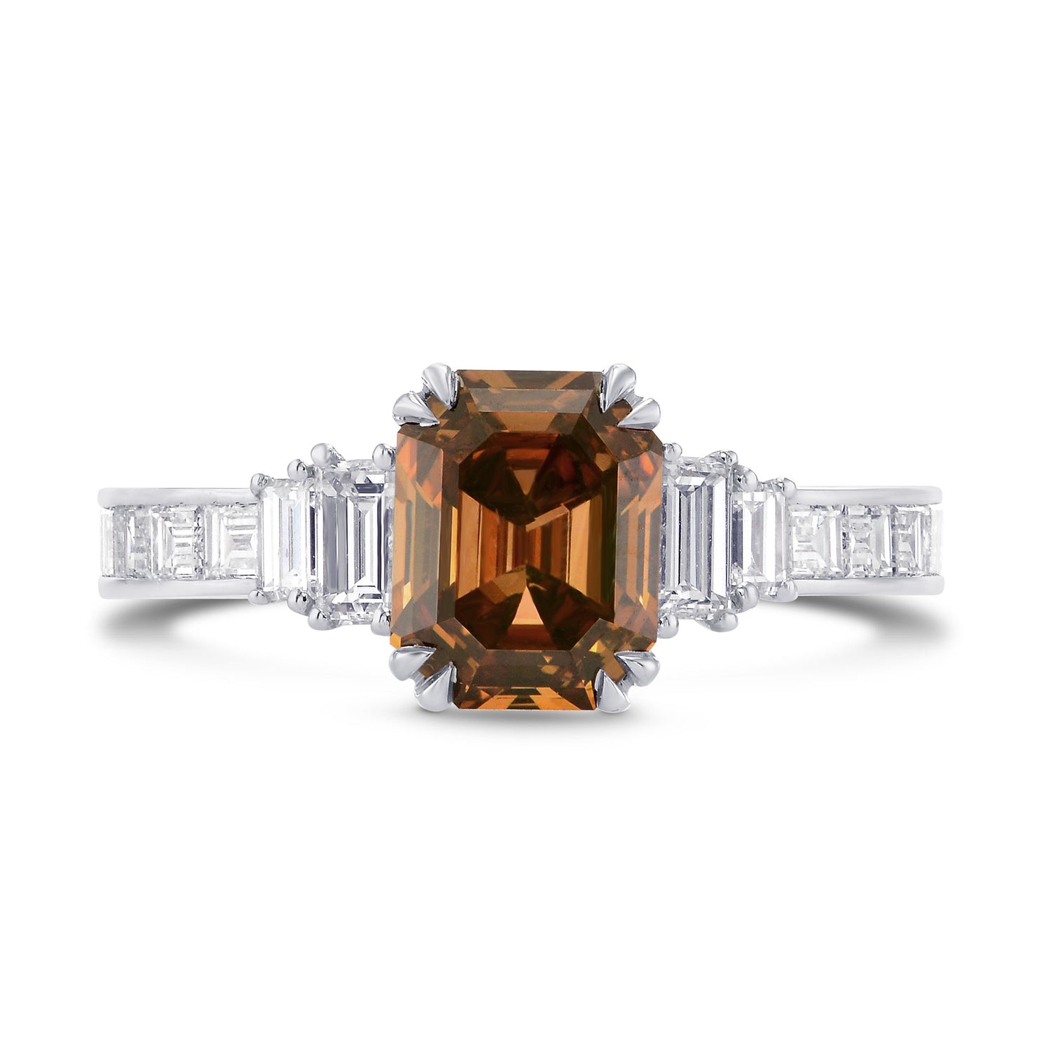   Fancy Deep Brown-Orange Emerald & Baguette Diamond Side Stones Ring