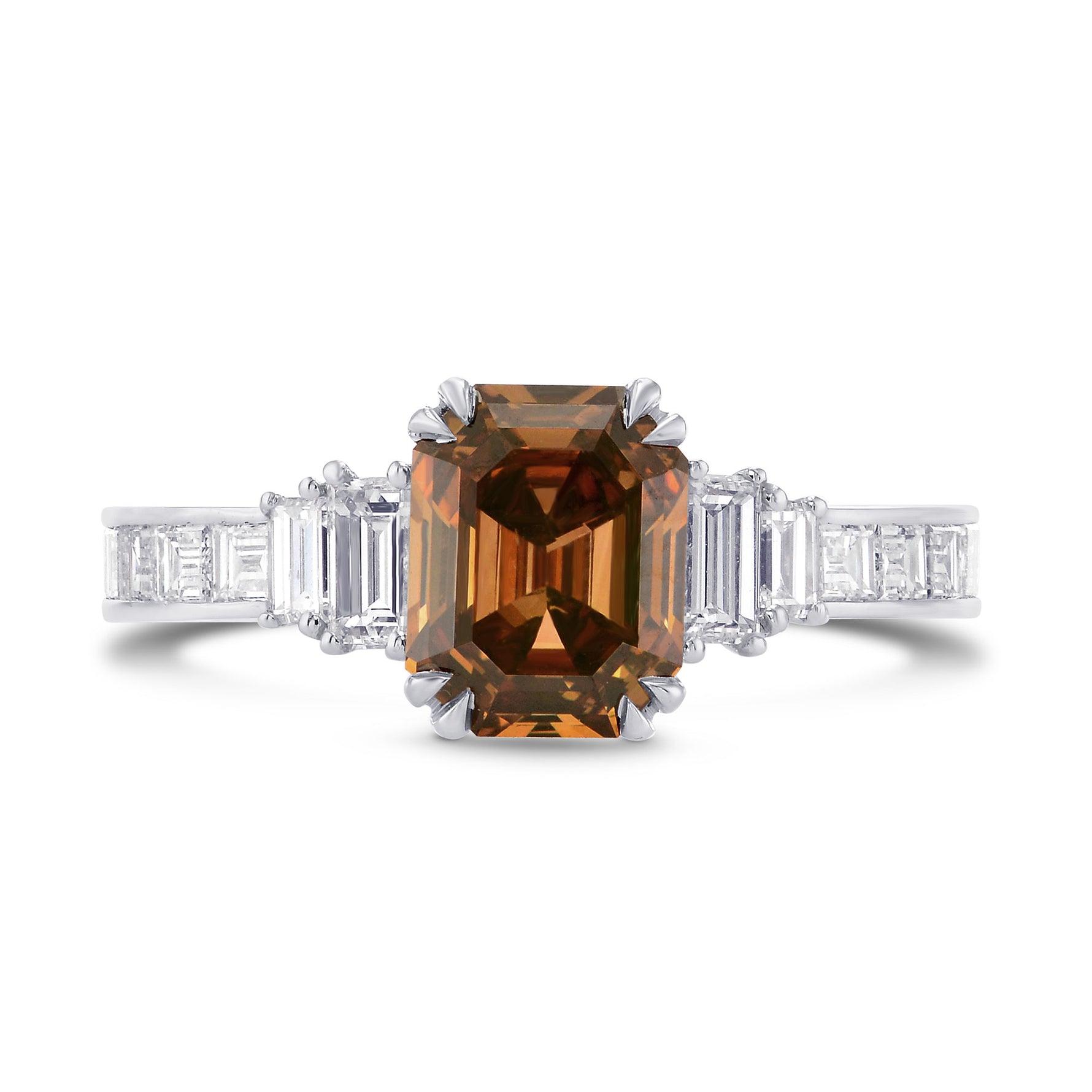   Fancy Deep Brown-Orange Emerald & Baguette Diamond Side Stones Ring