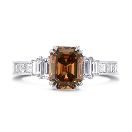   Fancy Deep Brown-Orange Emerald & Baguette Diamond Side Stones Ring
